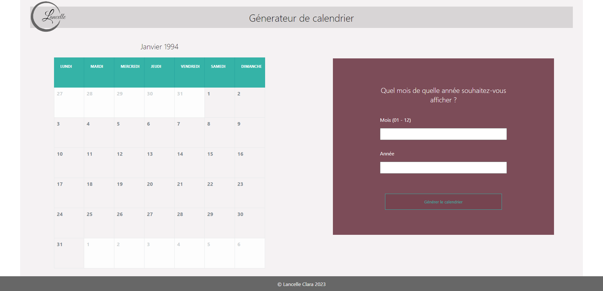 site web créé par lancelle clara : Calendar - générateur de calendrier PHP méthode MVC