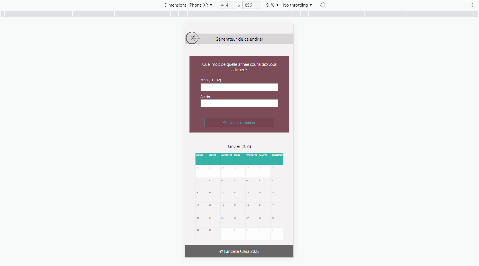 site web créé par lancelle clara : Calendar - générateur de calendrier PHP méthode MVC