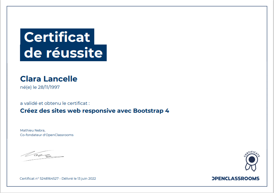 diplome BOOTSTRAP lancelle clara OpenClassroom