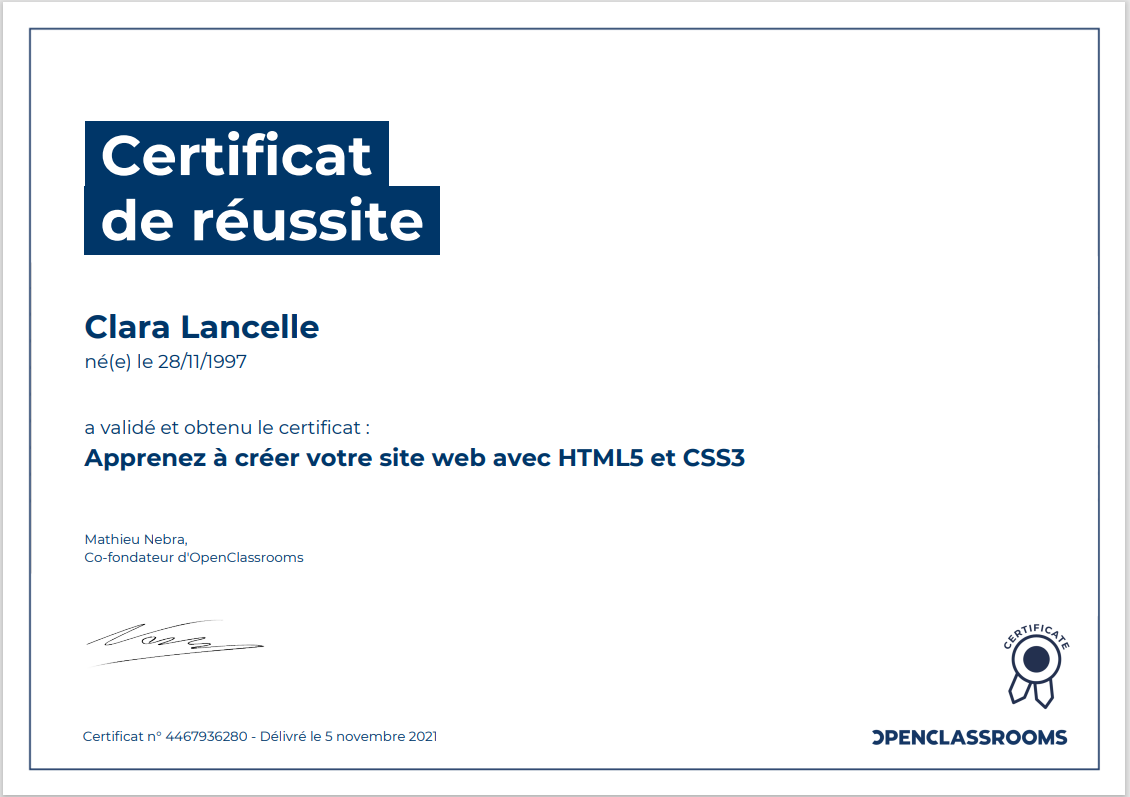 diplome HTML CSS lancelle clara OpenClassroom