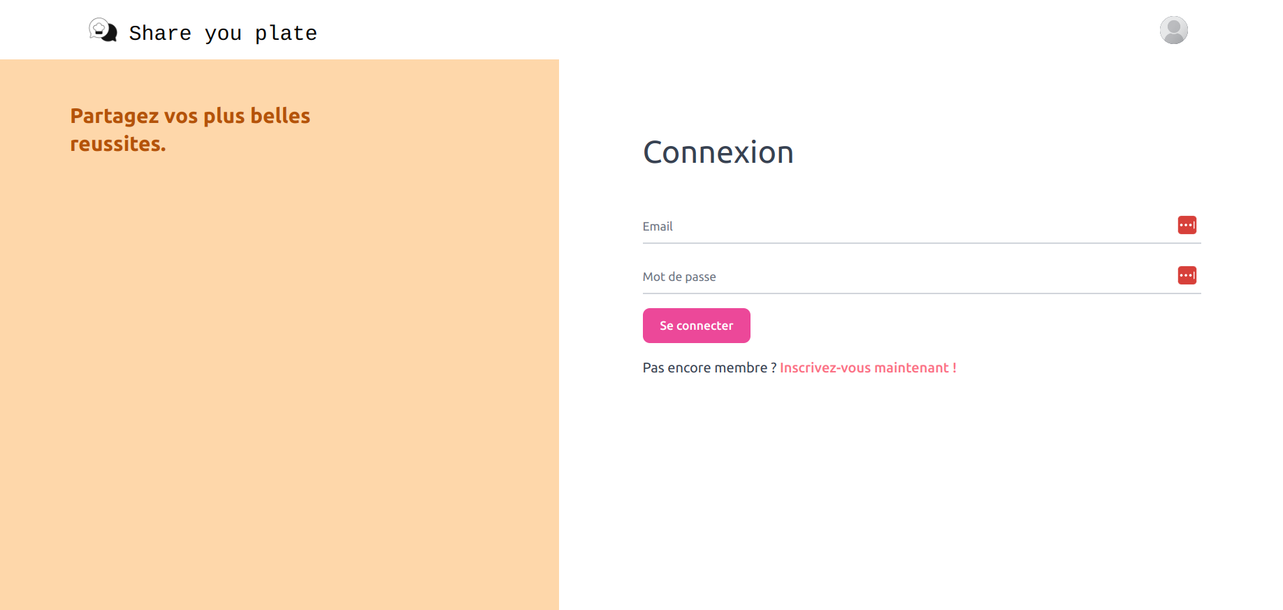Page de connexion : application de partage de recettes de cuisines : ShareYourPlate par clara Lancelle