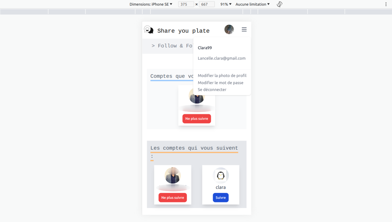 Page de gestion des followers : application de partage de recettes de cuisines : ShareYourPlate par clara Lancelle
