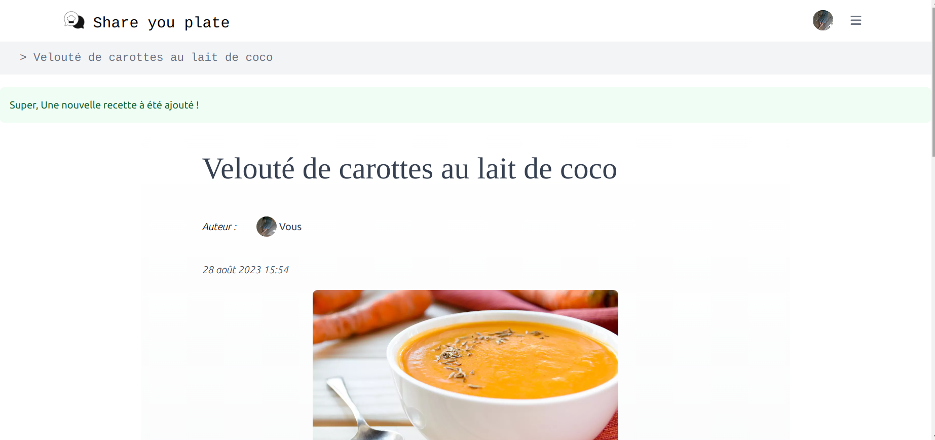 Page d'une recette : application de partage de recettes de cuisines : ShareYourPlate par clara Lancelle