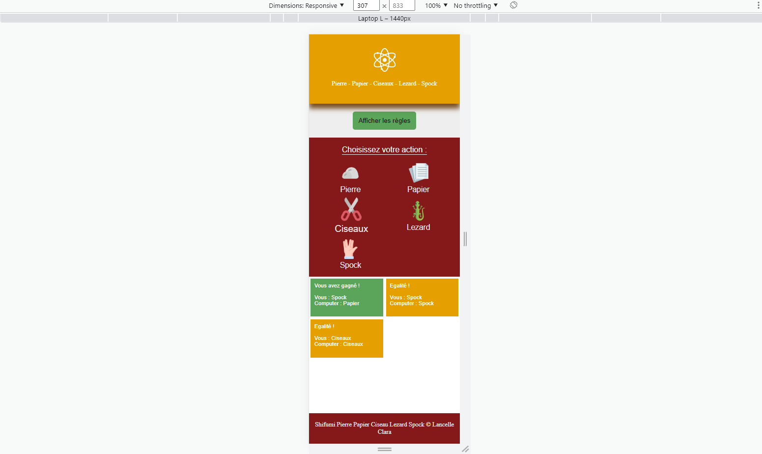 site web créé par lancelle clara : shifumi - Pierre Feuille Papier Ciseaux Lezard Spock / javascript