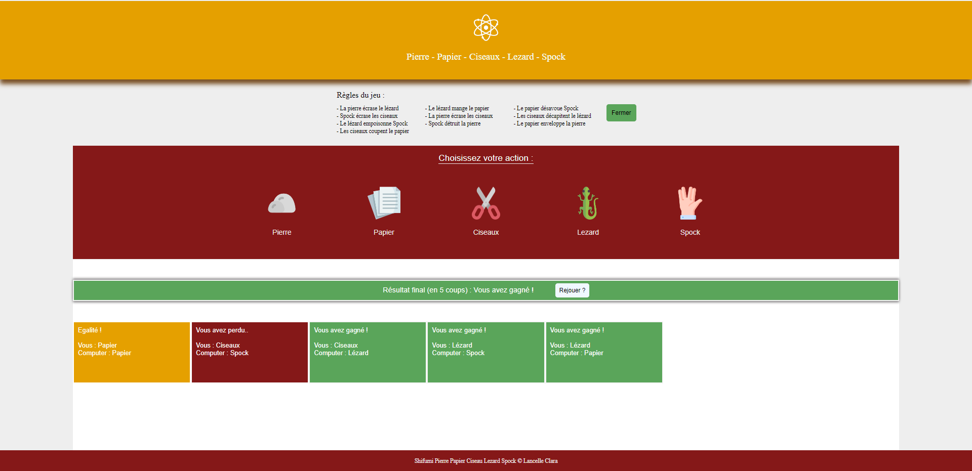 site web créé par lancelle clara : shifumi - Pierre Feuille Papier Ciseaux Lezard Spock / javascript